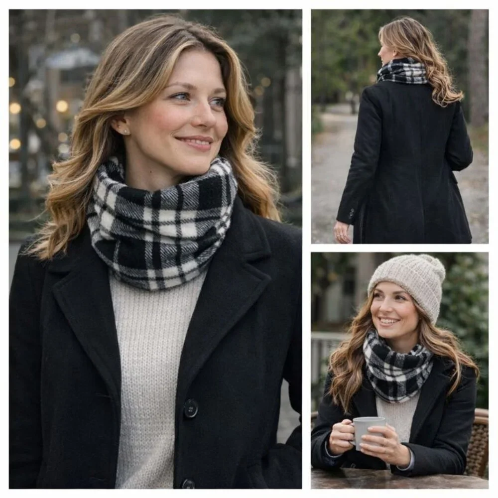 Old Navy Black & White Plaid Neck Cowl / Gaiter – Cozy Pull-On Neck Warmer